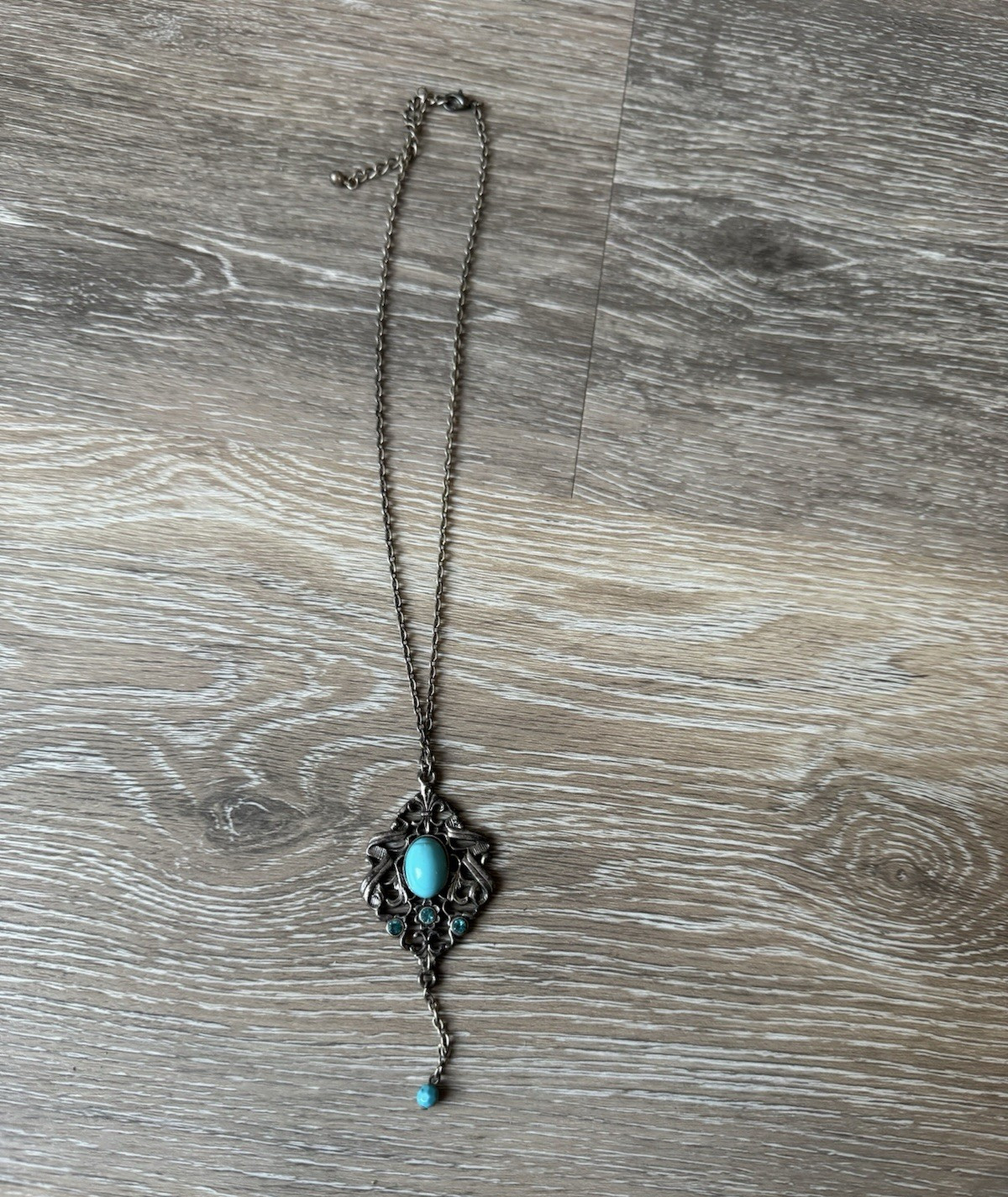 Silver Tone Blue Oval Stone Charm Pendant Necklace Adjustable