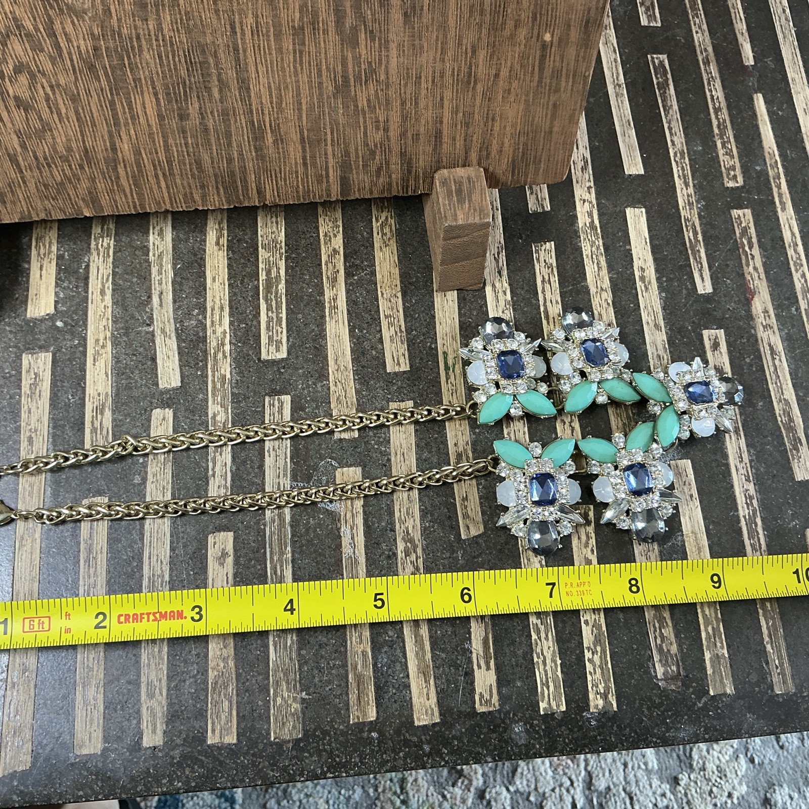 Gold Tone Blingy Statement Collar Necklace Crystal Accents Green Blue Clear