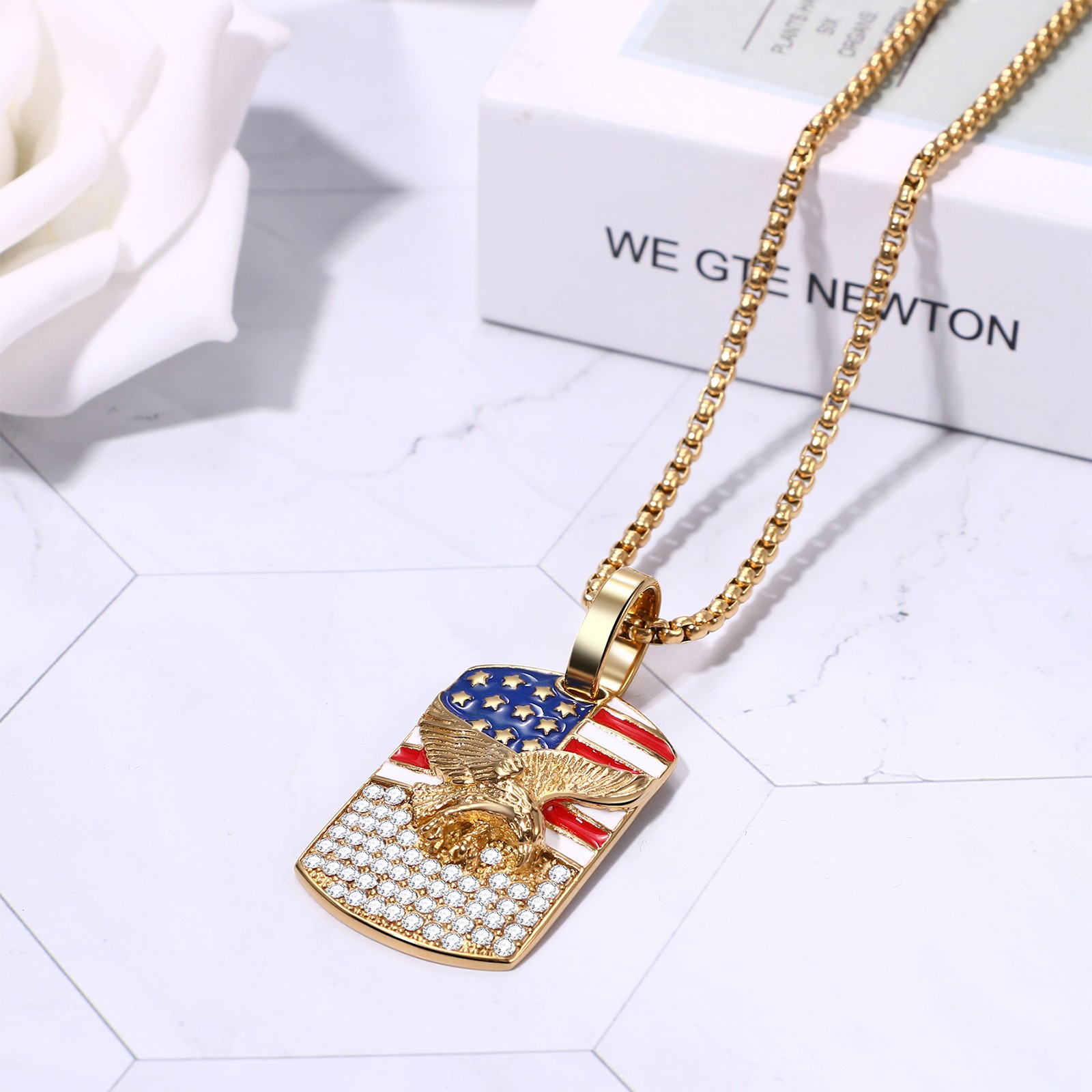 Men Bling CZ Eagle USA Flag Patriotic Dog Tag Spiritual Biker Necklace 25″ Chain