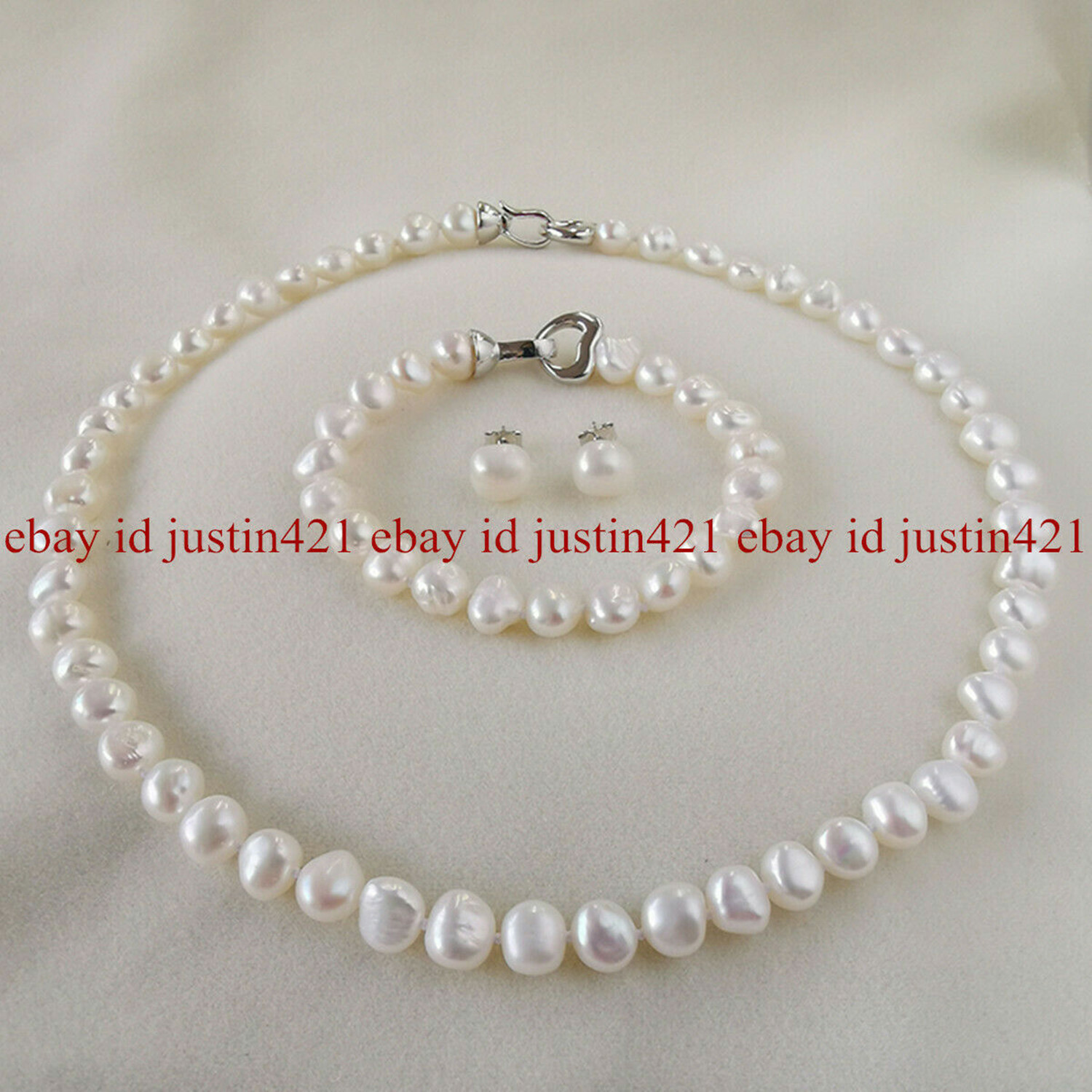 Natural 8-9mm White Freshwater Baroque Pearl Necklace 18” Bracelet Earrings Set