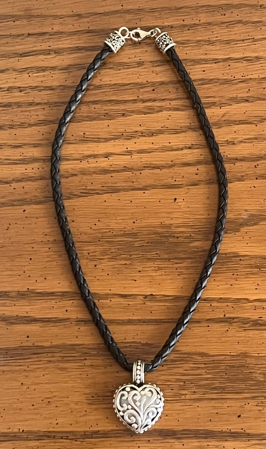 15 INCH 925 SILVER & MOTHER OF PEARL HEART BLACK BRAIDED ROPE NECKLACE