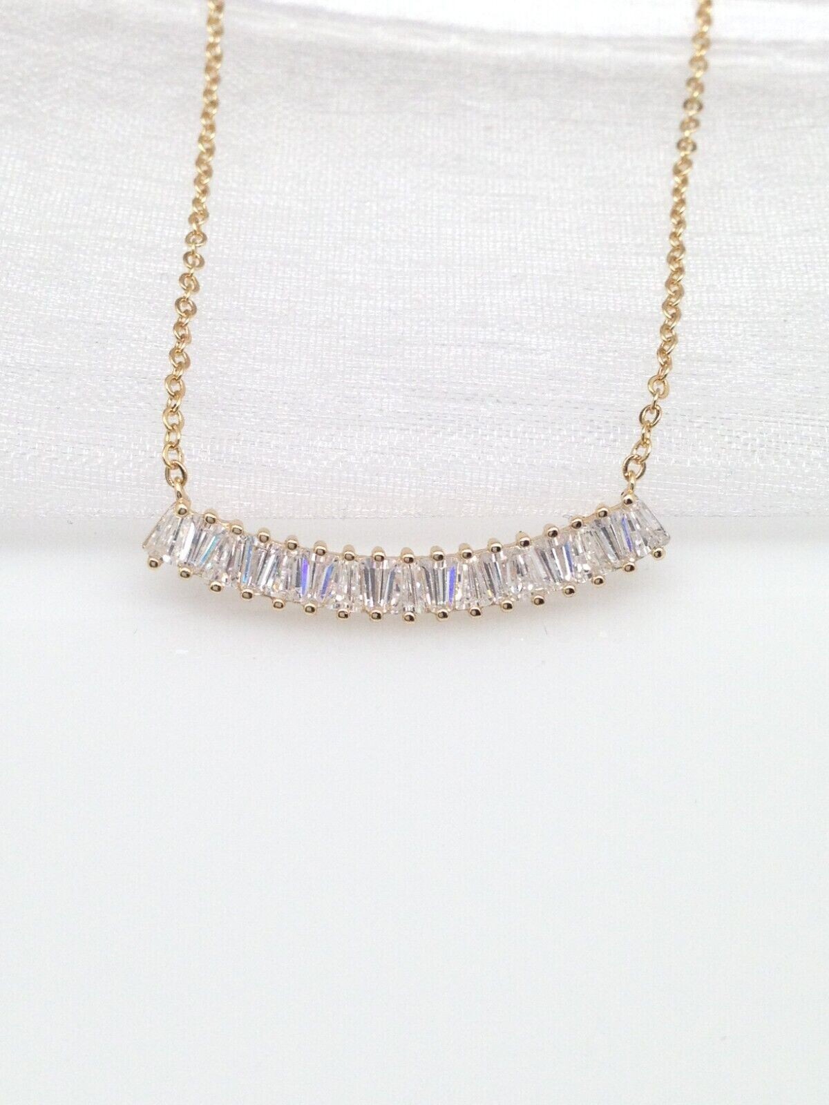 925 Sterling Silver CZ Curved Bar Pendant Necklace Sideways Gold Women 28mm 17″