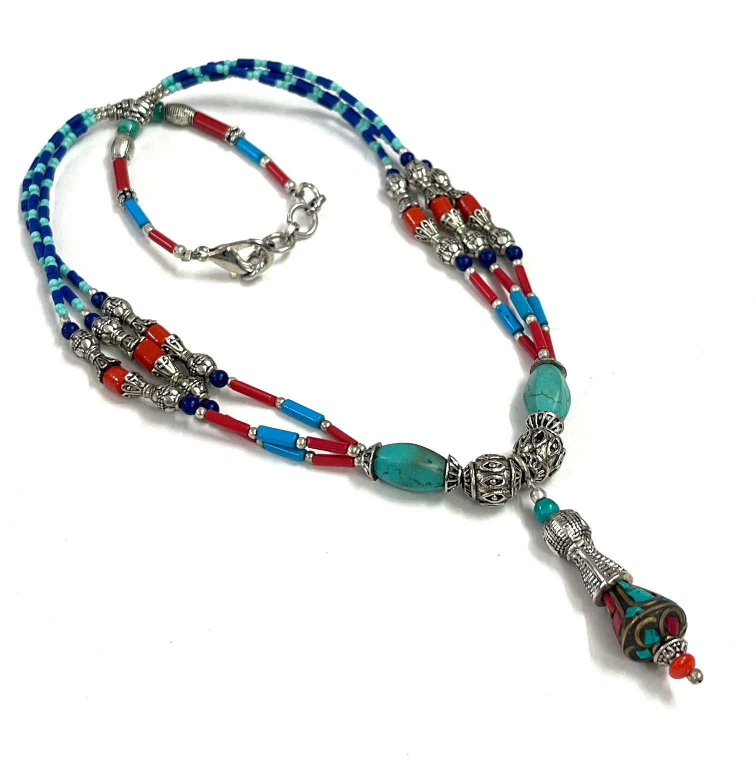 Nepalese Turquoise Coral Gemstone Tibetan Boho Necklace Jewelry, 18 inch Adj