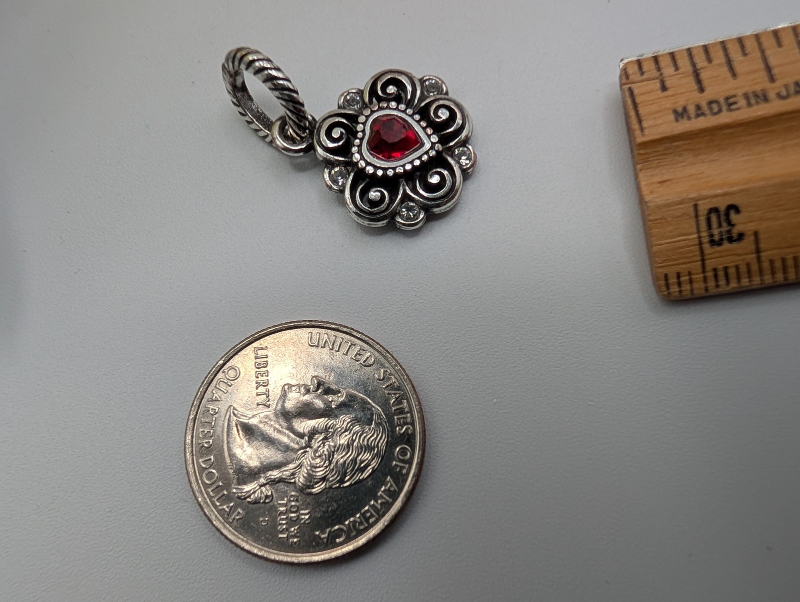Brighton Silver Tone Red Heart Pendant Charm Scrollwork Clear Stones
