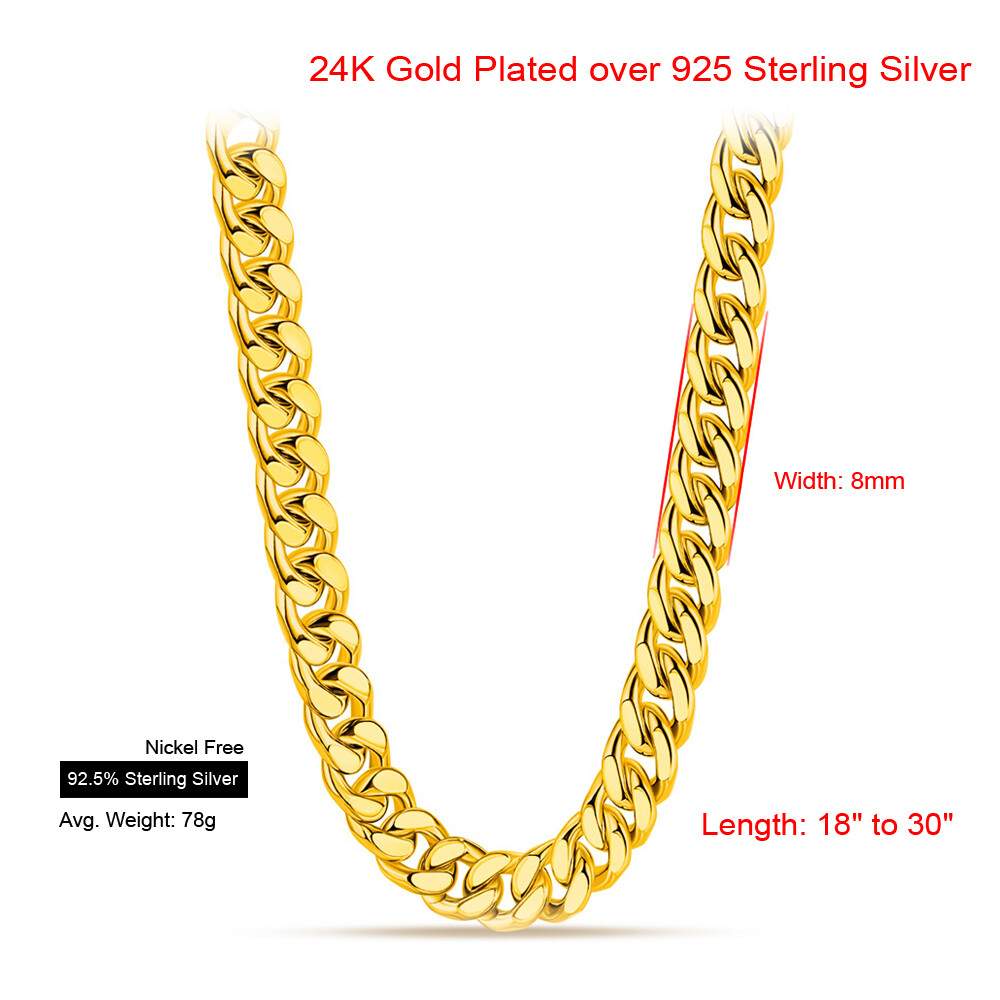 8mm 18″-30″ 925 Sterling Silver Curb Cuban Link Chain Necklace for Men & Women