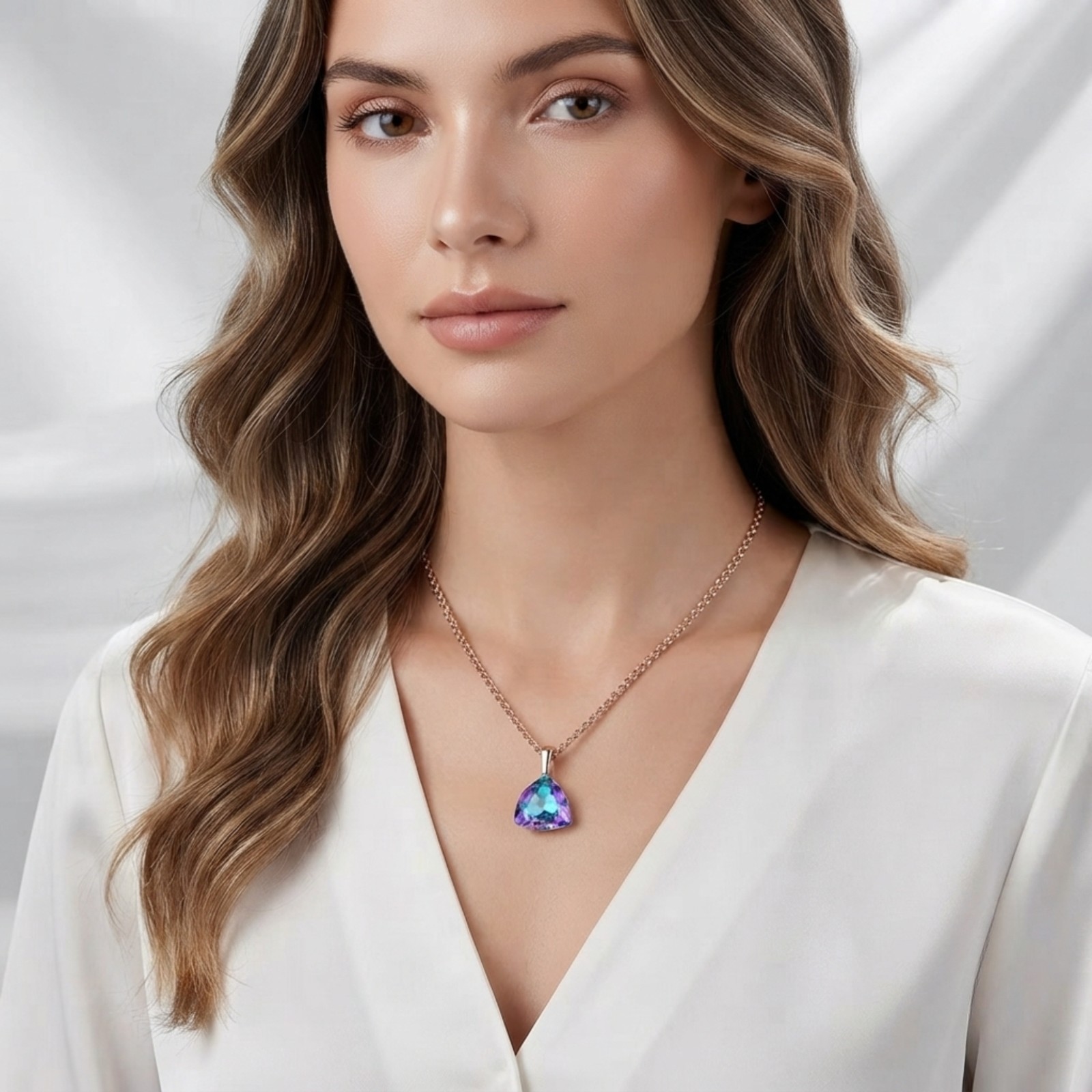 Bi Color Trillion Cut Necklace Rose Gold Cubic Zirconia Pendant Gift for Her