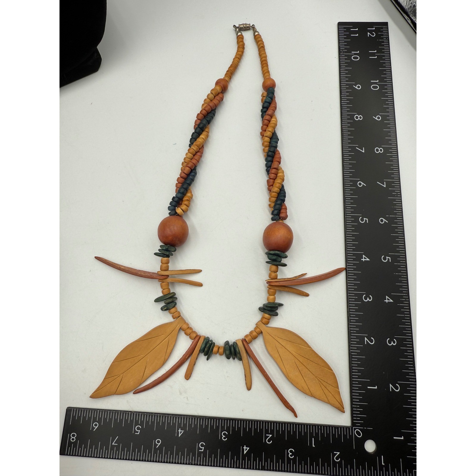 Vintage Boho Carved Wood Leaf Statement Necklace Earthy Multi Strand Beaded 22″