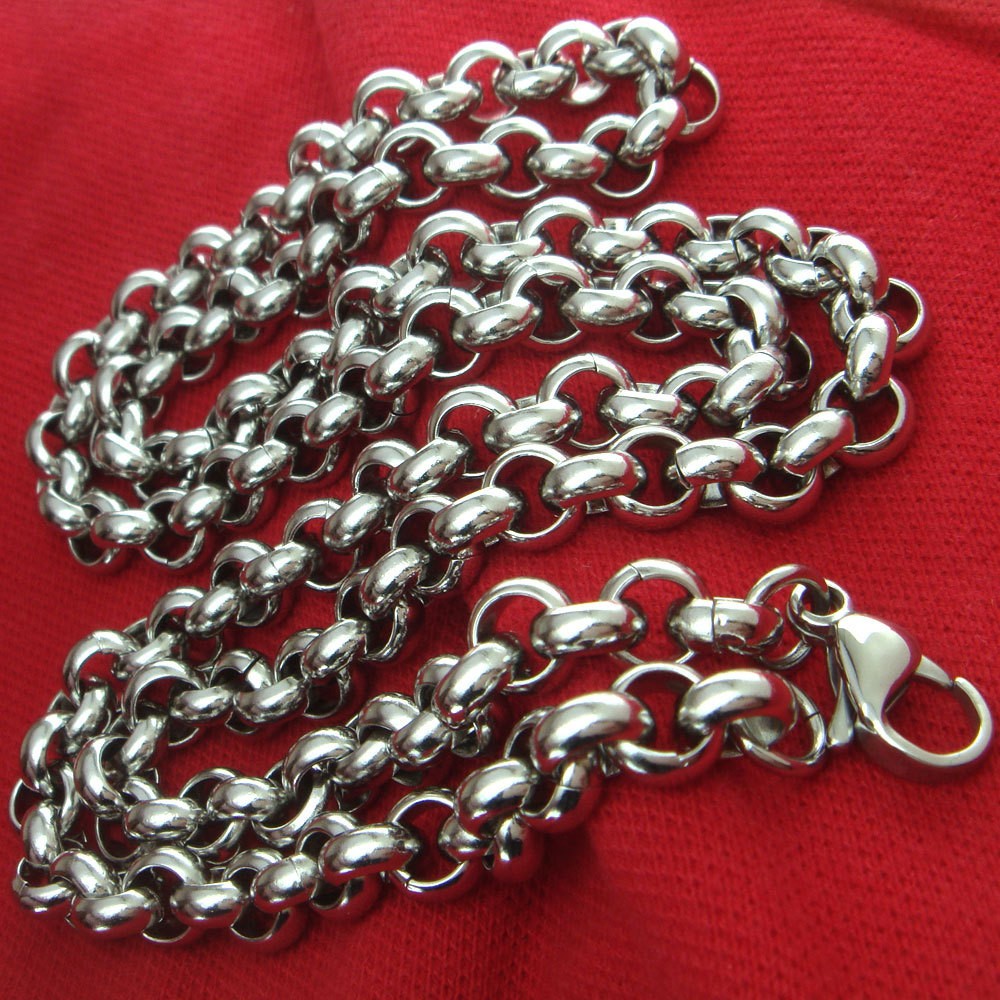 30inch Huge Stainless Steel 12mm Solid Handmade Rolo Chain Mens Necklace Silver