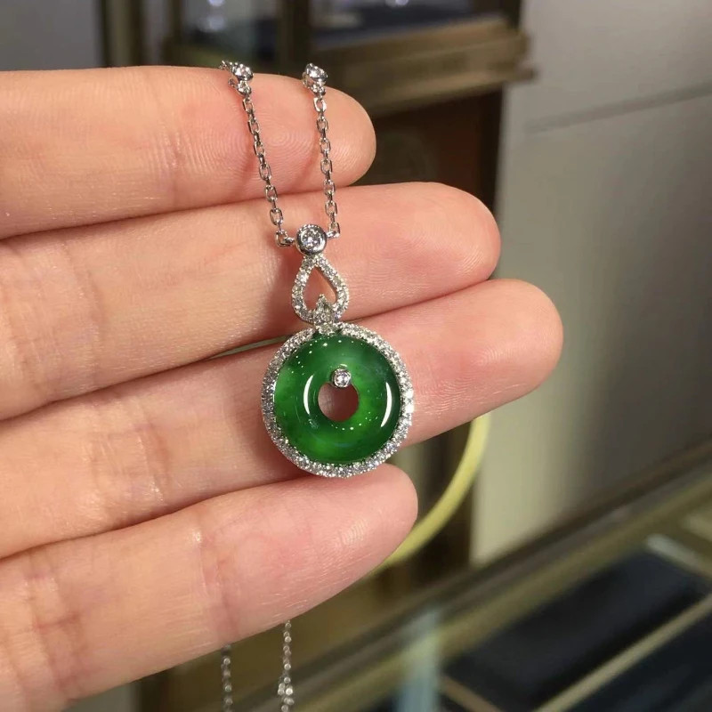 Natural Hetian Chrysoprase Pendant Inlaid Crystal Vintage Chinese Style Necklace