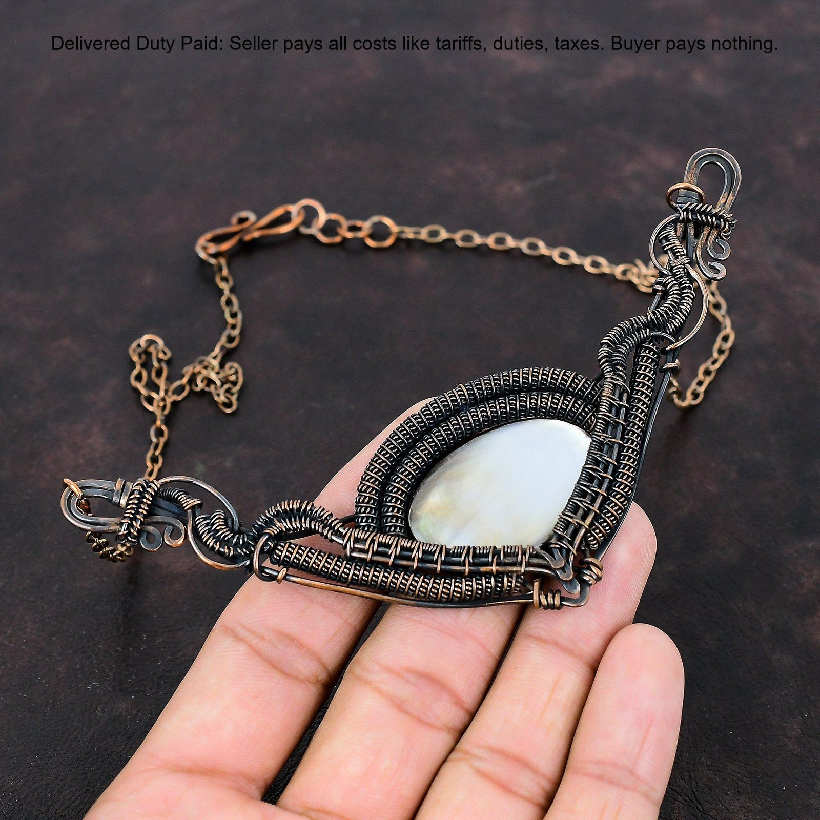 Mother Of Pearl Stone Copper June Birth Chain Wife Wire Wrapped Wedding Necklace