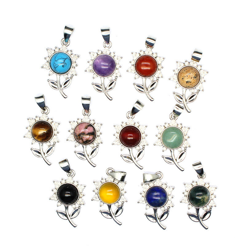 Unisex Adult Sunflower Round Natural Stone Pendant Crystal Necklace Jewelry