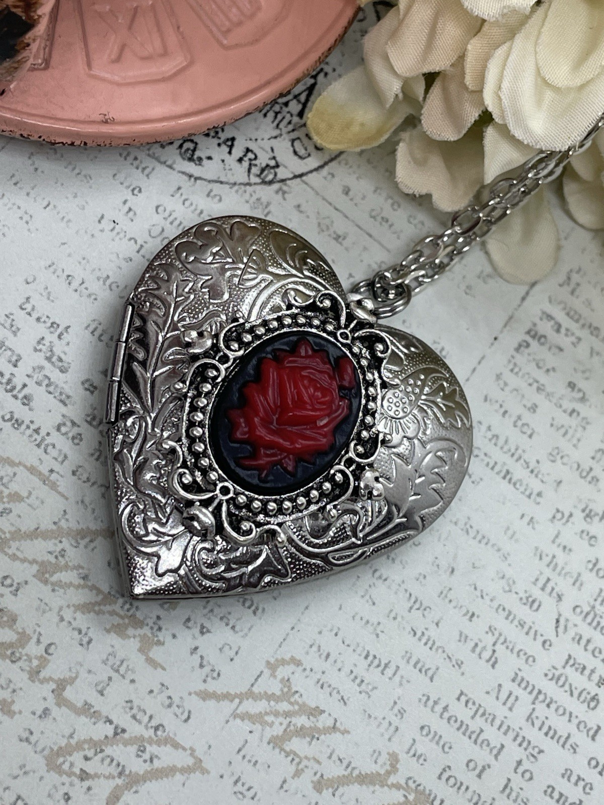 Heart Silver Black Red Locket Rose Gothic Necklace Photo Bride bridal wedding