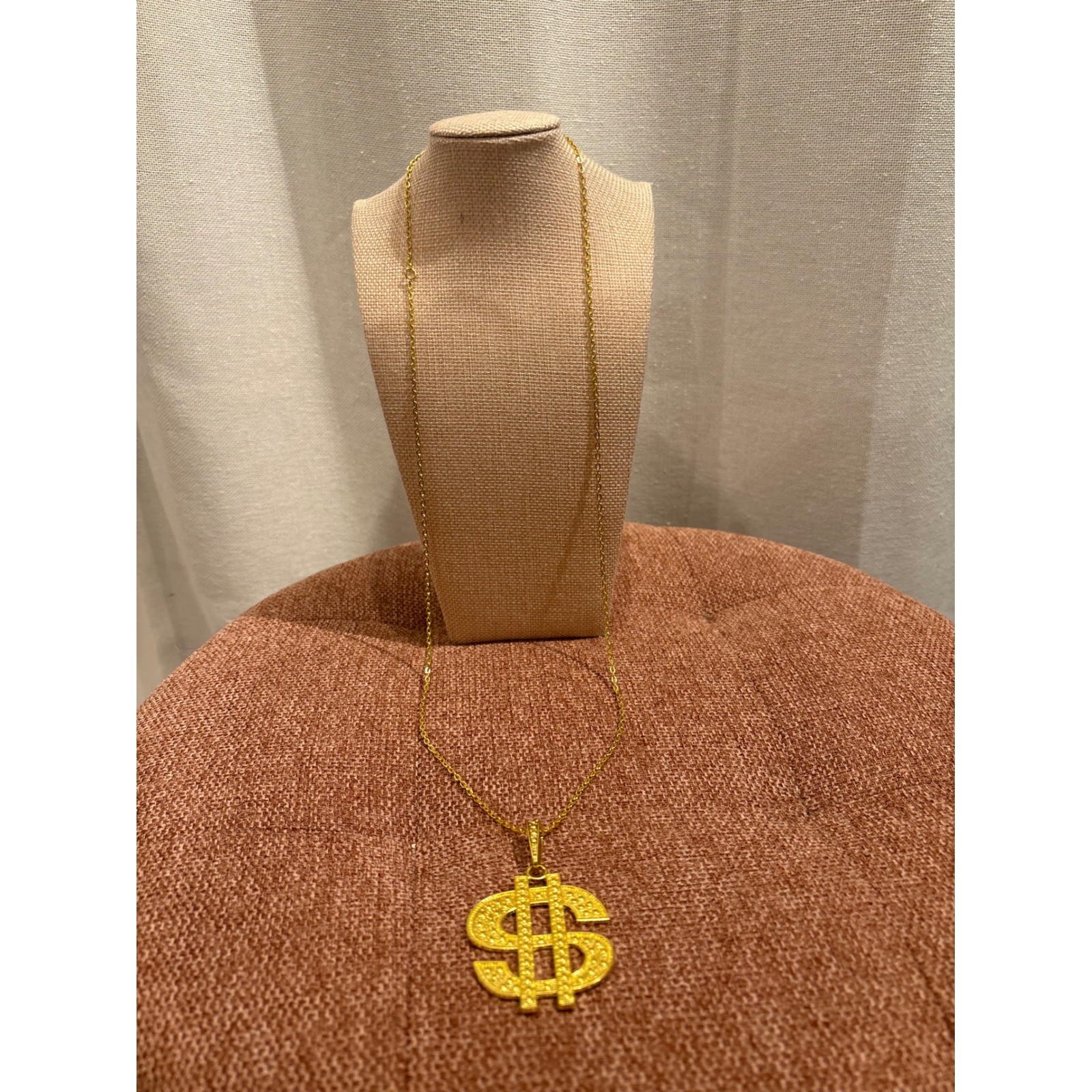 Gold Tone Dollar Sign Pendant Necklace Studded Money Symbol Hip Hop Costume 18in