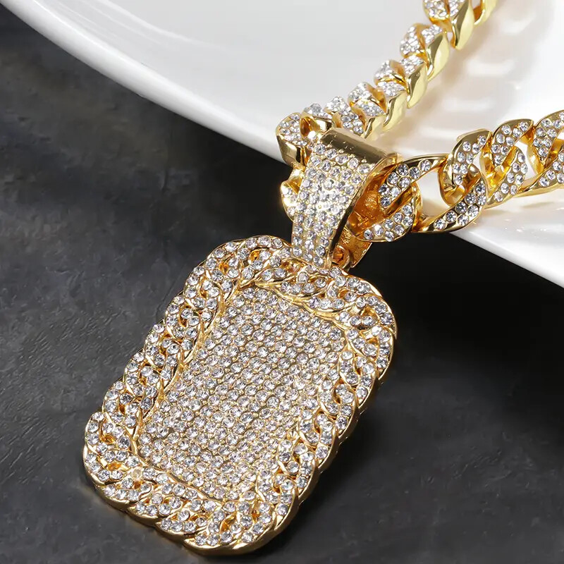Cubic Zirconia Bling Large Dog Tag pendant 18″ Iced Cuban Choker Chain Necklace