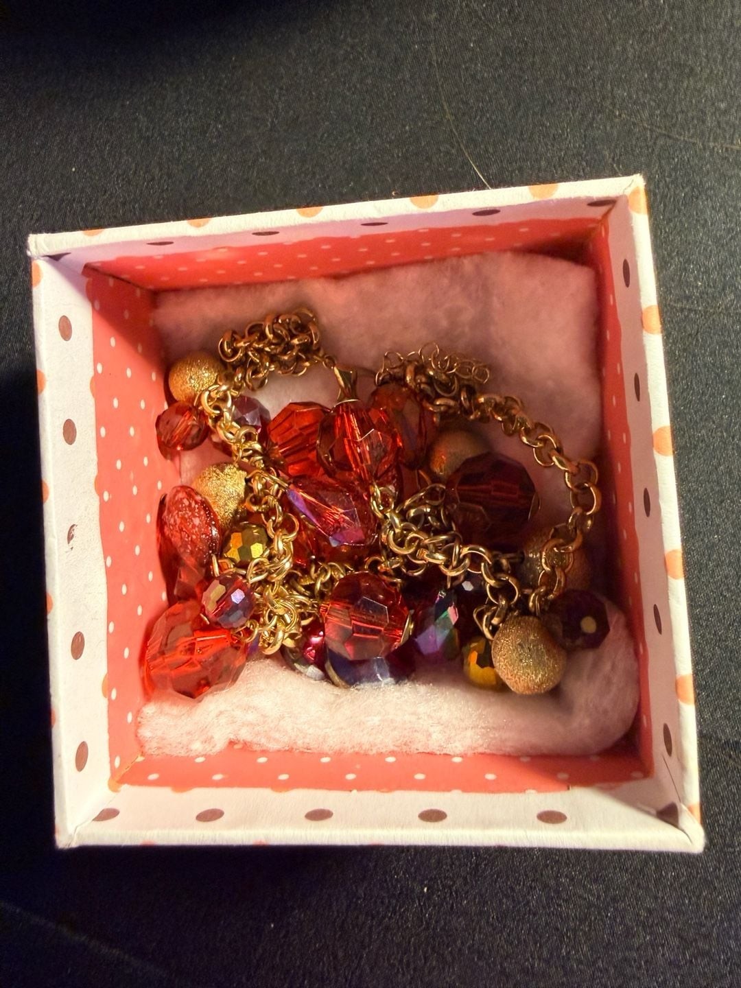 Chico’s Goldtone Cluster Necklace with Red Faceted Beads and Matte Gold Spheres
