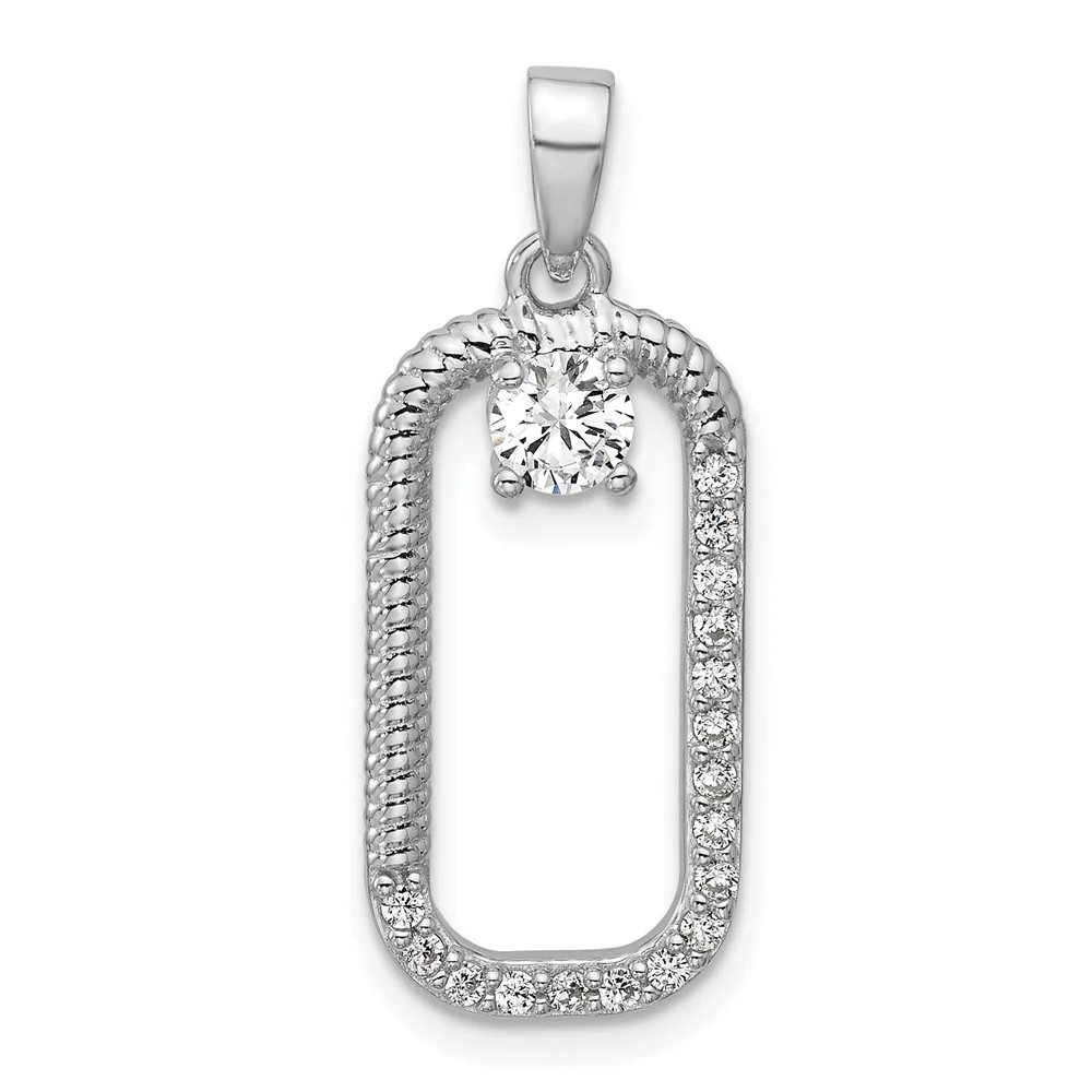 Sterling Silver Rhodium-Plated CZ Textured Rectangle Pendant