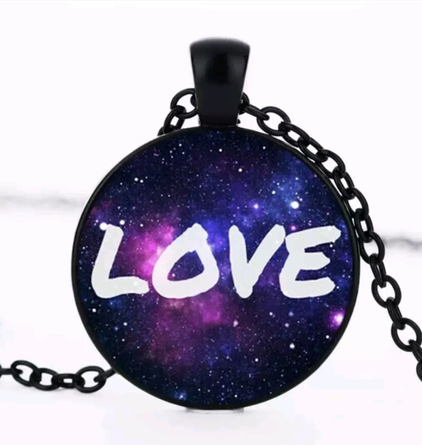 Love, Space, Eternal Love Cabochon Glass Pendant Black Tone Chain necklace New