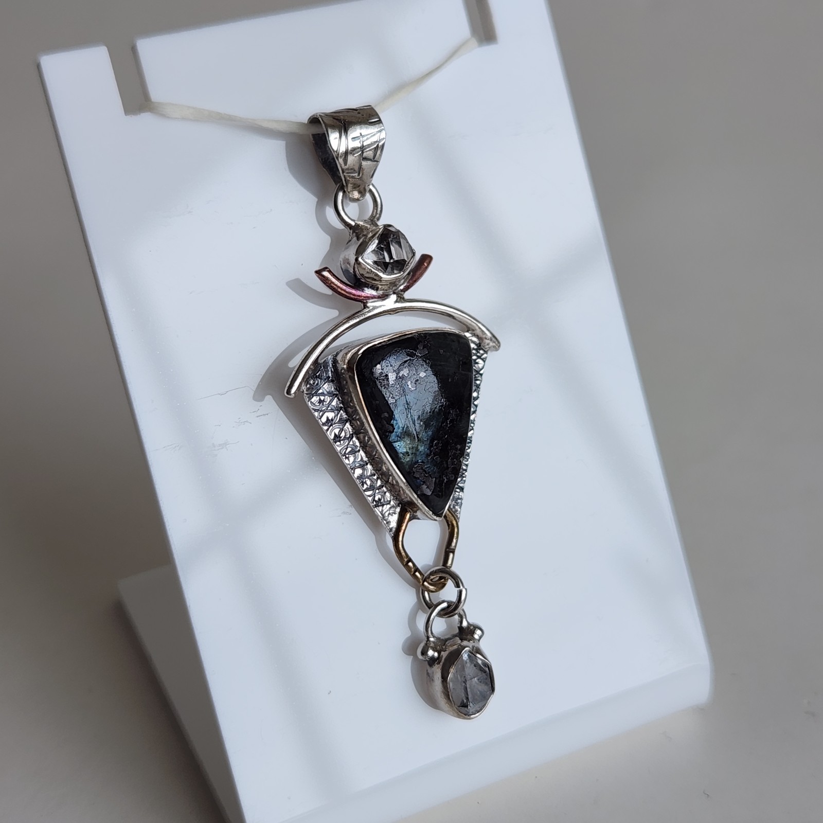 Sterling Silver Black Moss Agate Pendant 925 Artisan Mixed Metal 5.3g