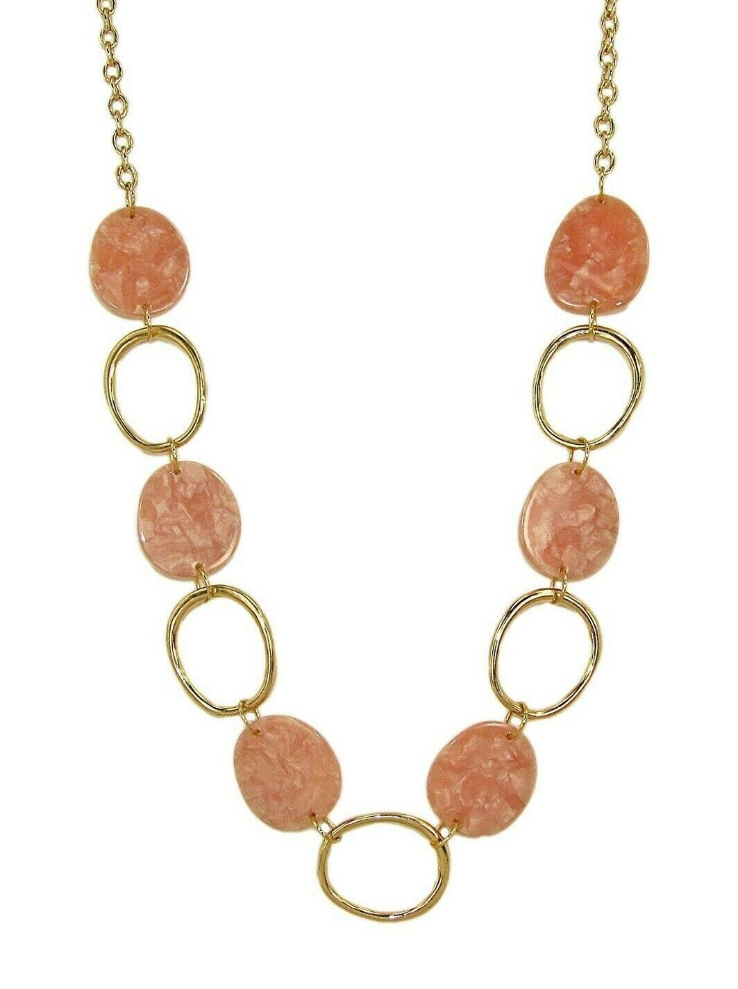 Pink and gold link necklace with pink flat marble look oval disk beads NEW