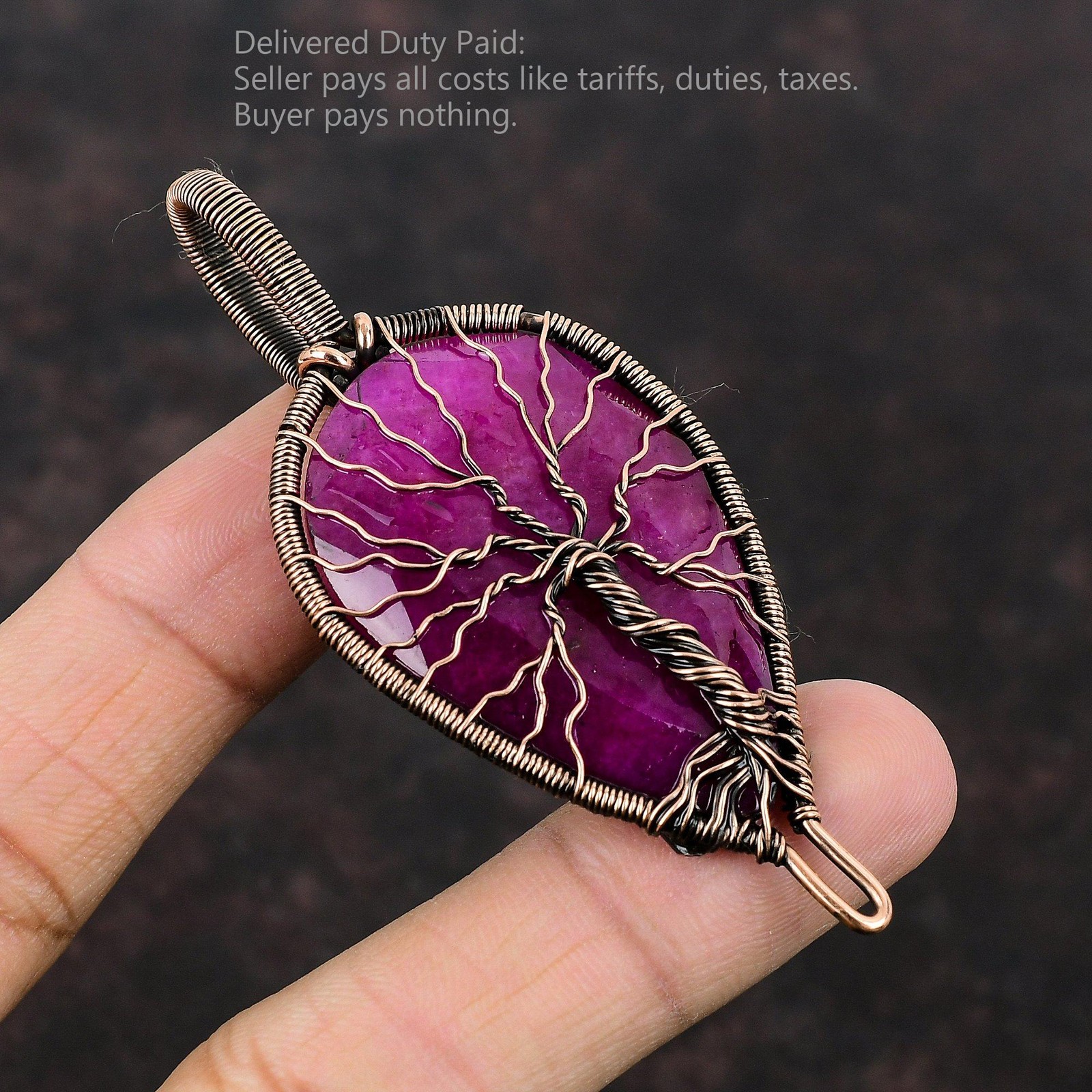 Copper Pear Kashmir Rubi Stone Wire Wrapped Tree Of Life Sister Birthday Pendant