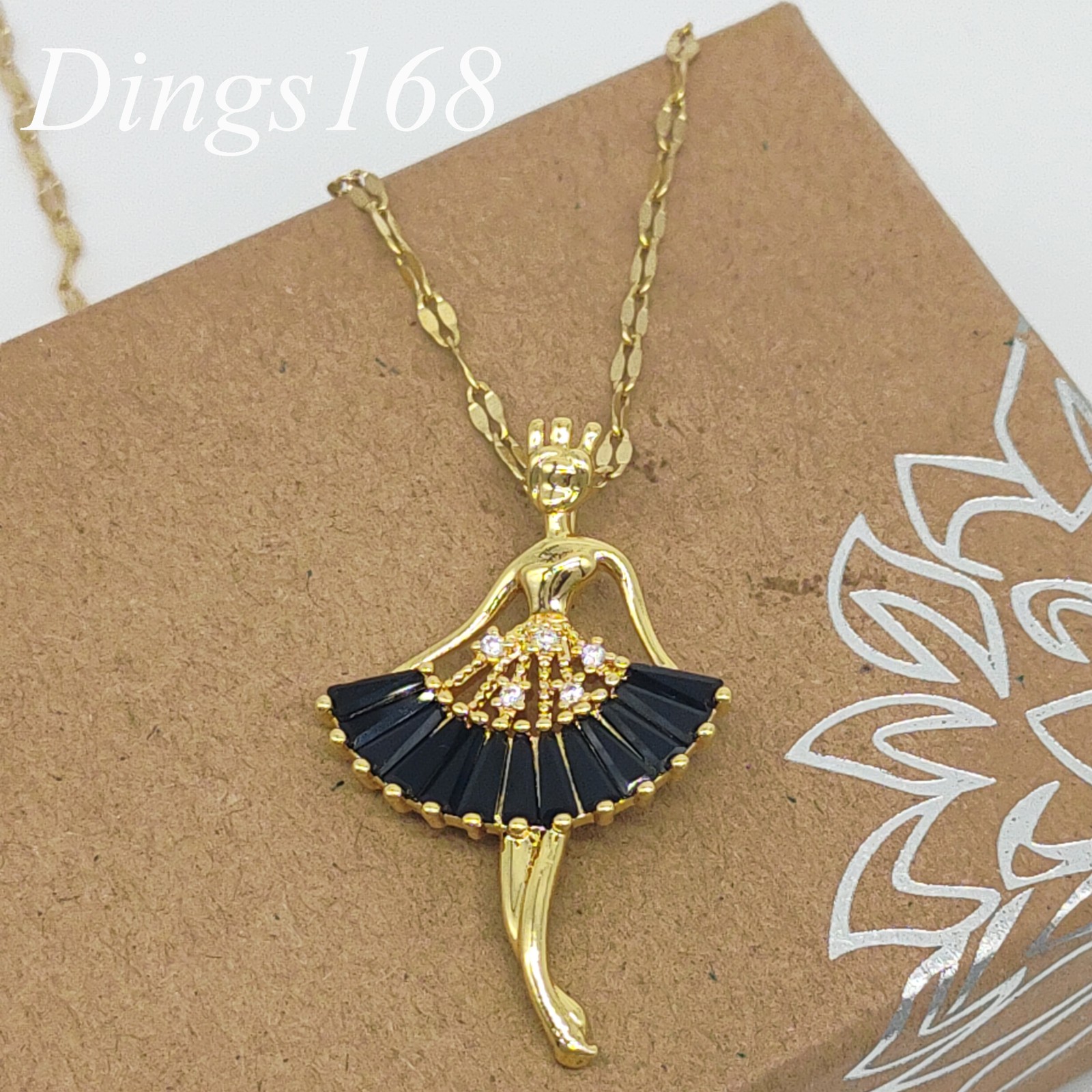18K Yellow Gold Filled Crystal Ballet dancer + Lip Chain Necklace, SHIP FROM USA