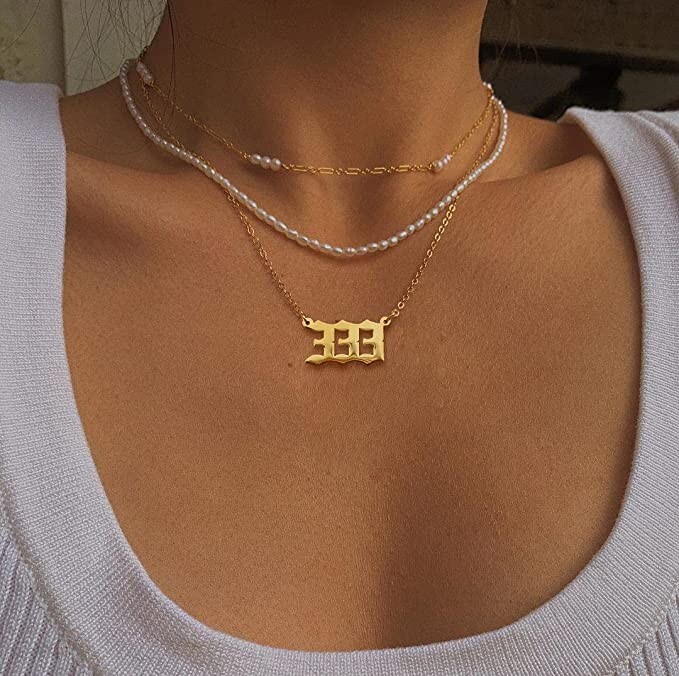 Gold 333 Angel Number Necklace, Jewelry Charms Minimalist Stainless Steel