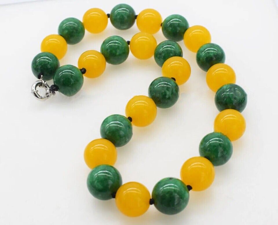 Huge 20mm Natural Yellow Topaz Green Jade Jadeite Round Gemstone Beads Necklace