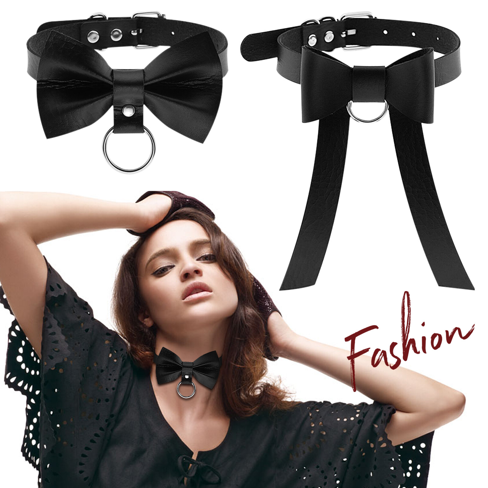 2pcs Women’s Gothic Punk Bowknot Black PU Leather Choker Necklace Collar Bondage