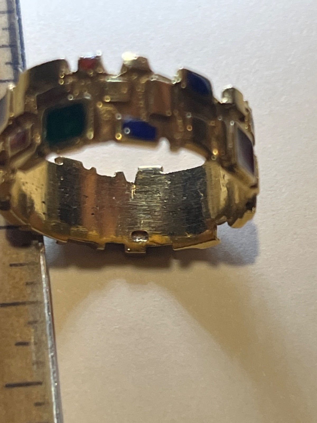 1970s modernist 14k gold geometric multi gemstone mosaic band estate piece
