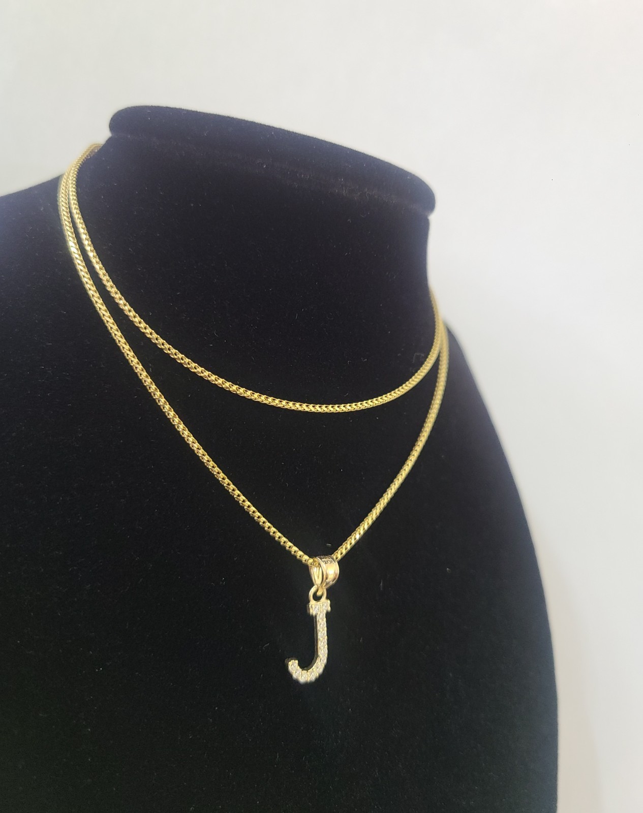 10K Gold Solid Franco Chain J Initial CZ Stone Pendant Set 1mm 16 18 20 22 Women