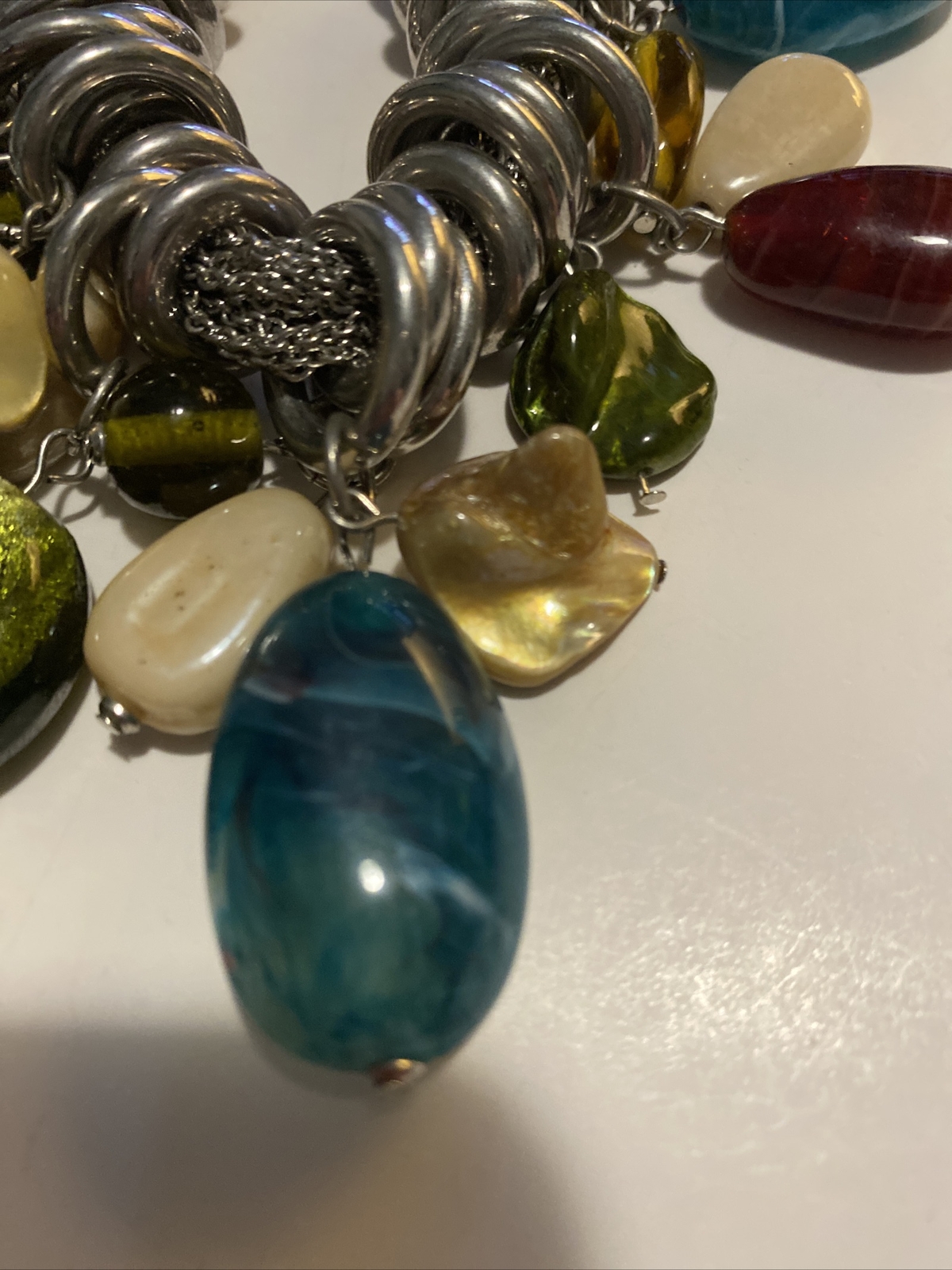 VTG Necklace Chunky Silver Tone With Glass, MOP And Other Unknown Stones By NY