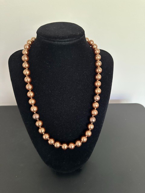 Beautiful Round Mocha 10 mm Faux Pearls Elegant 19″ Necklace.