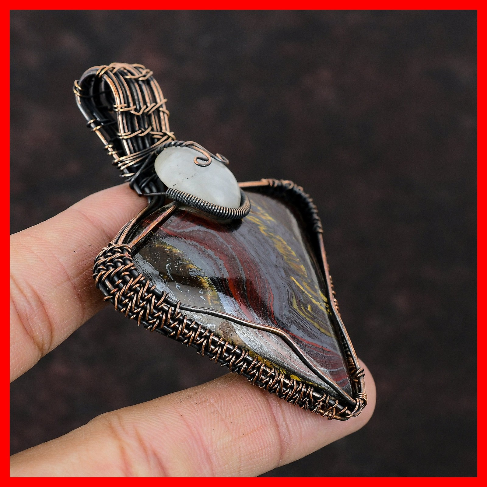 Trillion Natural Iron Tiger Eye Copper Unique Boho Wire Wrapped Daughter Pendant