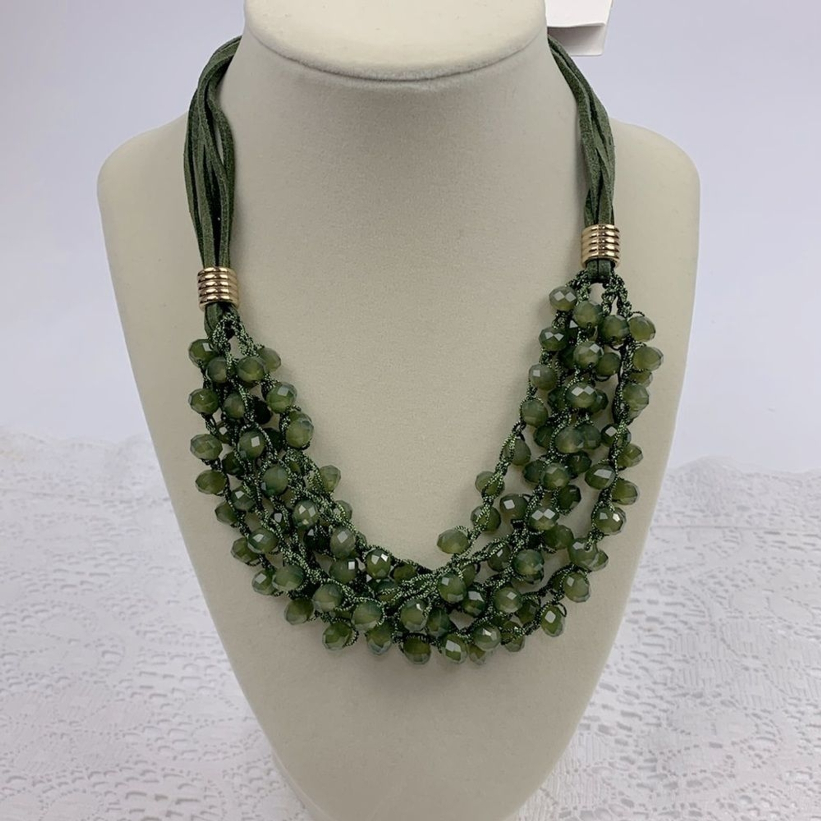 Time & Tru Glass Stone Statement Necklace Green Gold Faux leather 19”+ New NWT
