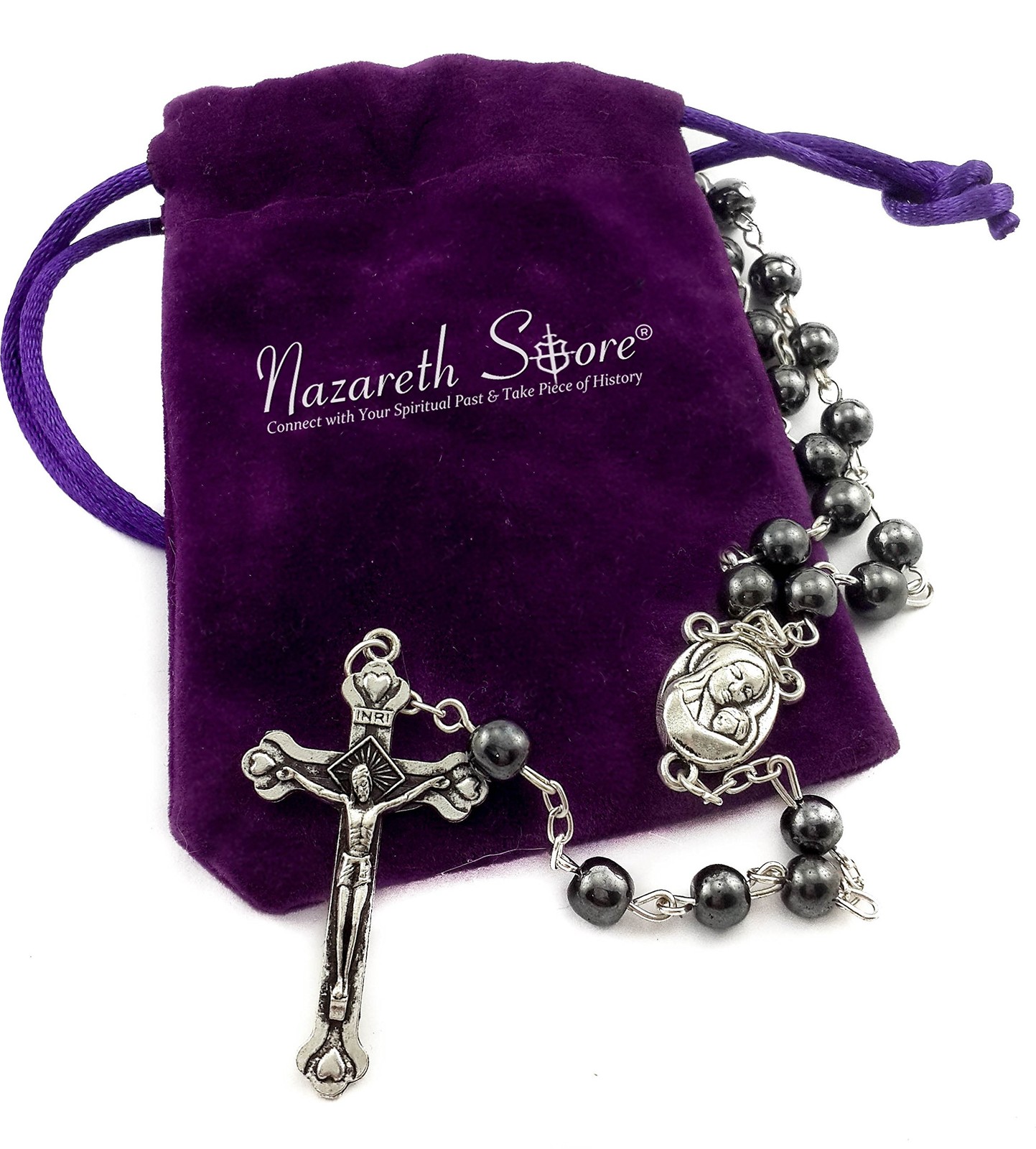 unisex-adult Hematite Rosary Black Stone Beads Necklace with Jerusalem Holy S…