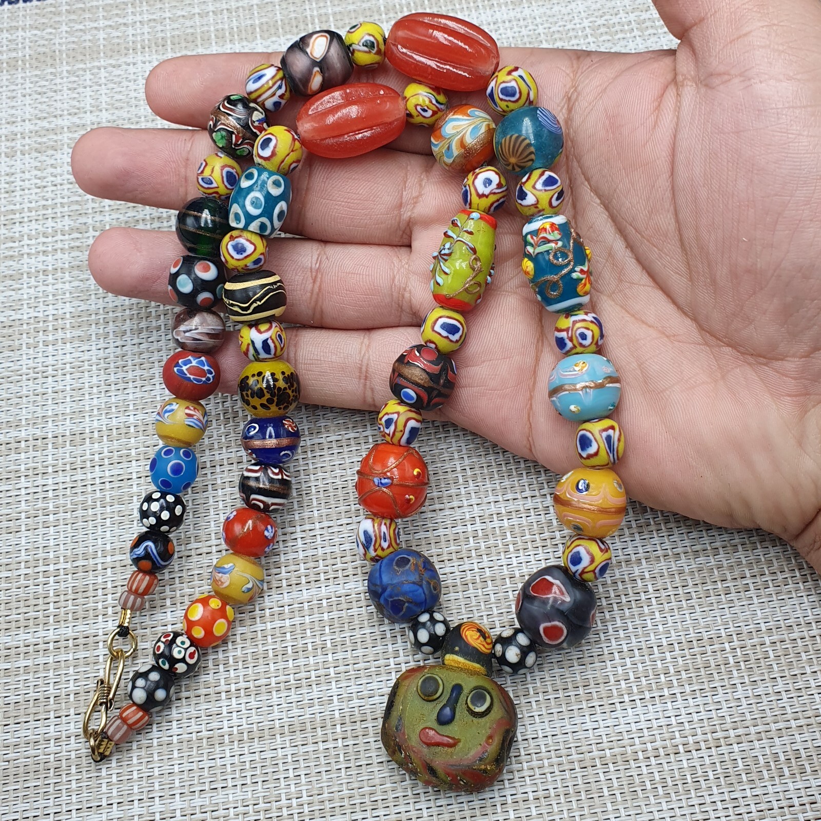 Vintage Venetian Style Mix Glass With Old Face Glass Pendant Necklace