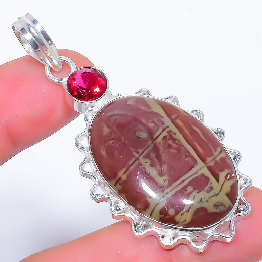 Natural Picasso Jasper, Rubellite Gemstone 925 Silver Plated Pendant 2.4″ T298