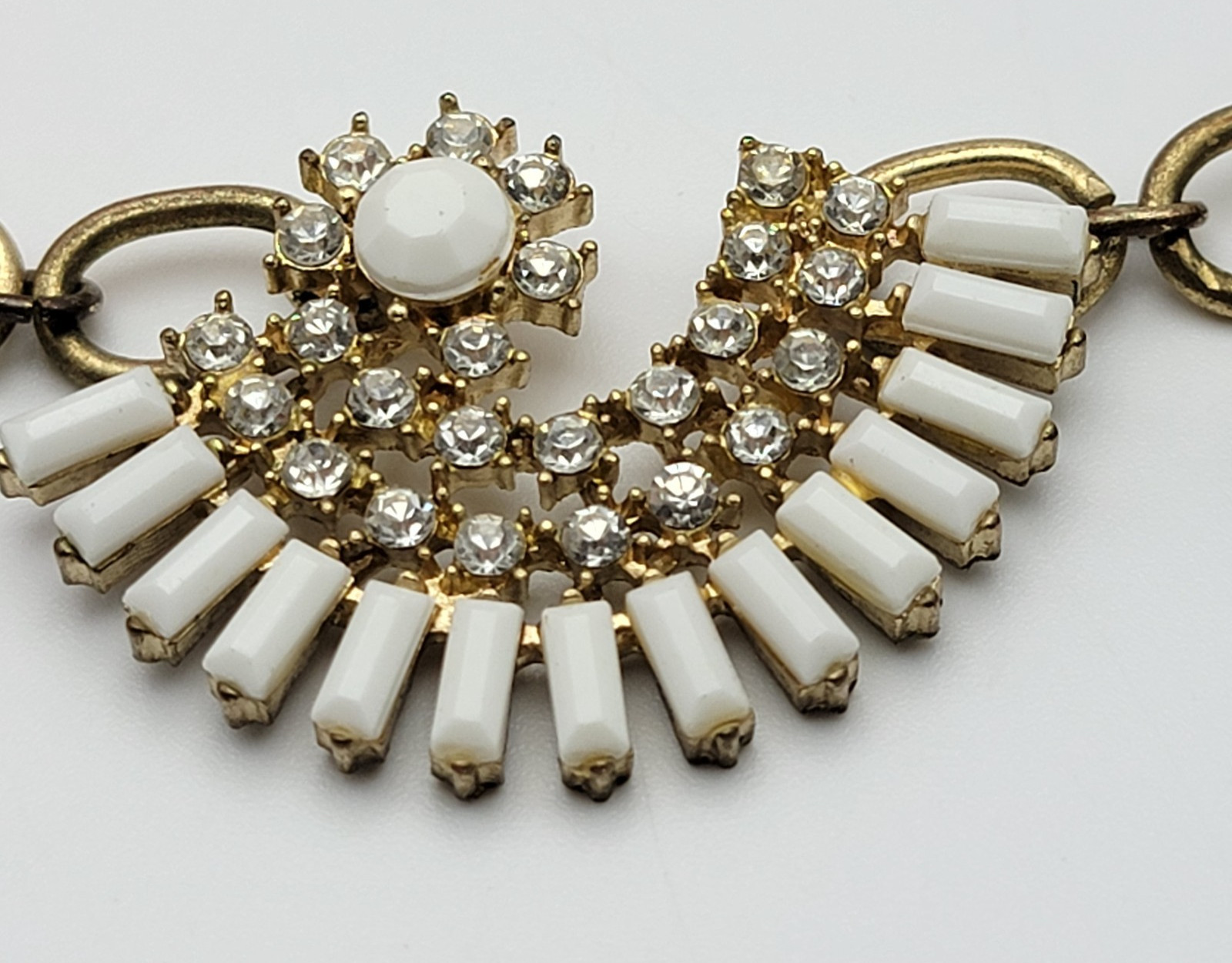 Gold Tone White And Clear Rhinestones Statement Bib Necklace 20″ Adj.