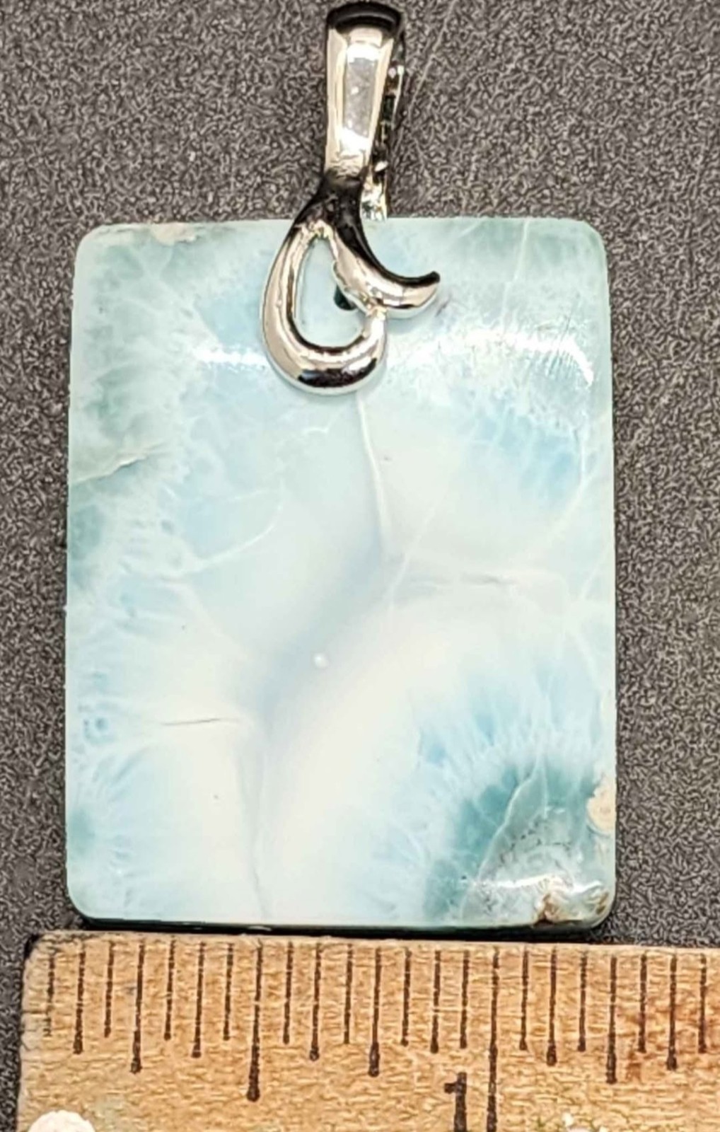 Silver Larimar/Pectolite Rectangle Stone Charm Pendant w/ Silver-Tone Bail