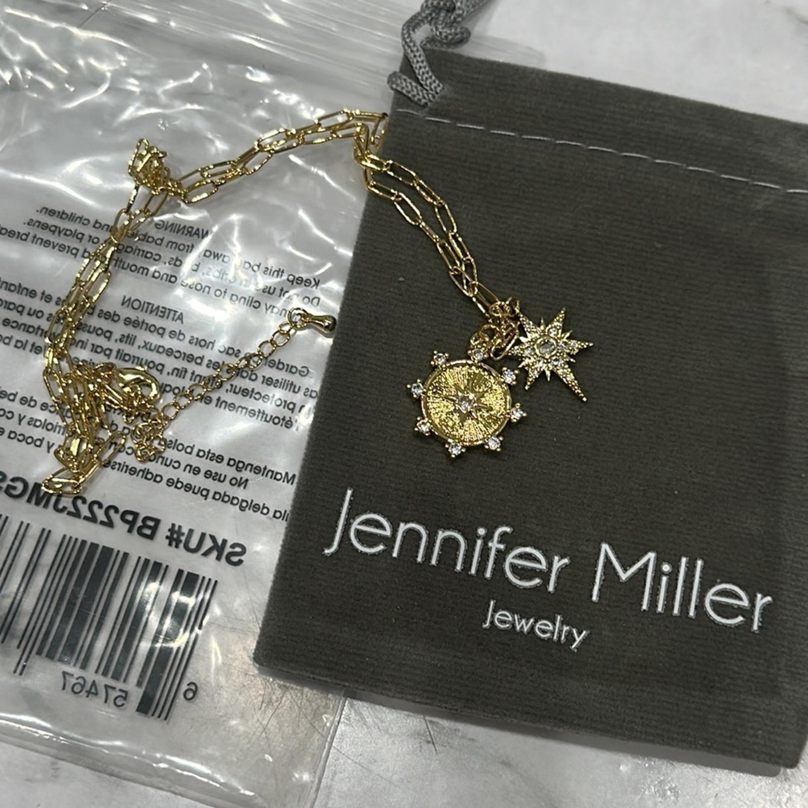NEW Jennifer Miller Starburst Charm Necklace 14k Gold Plated Paper Clip Chain