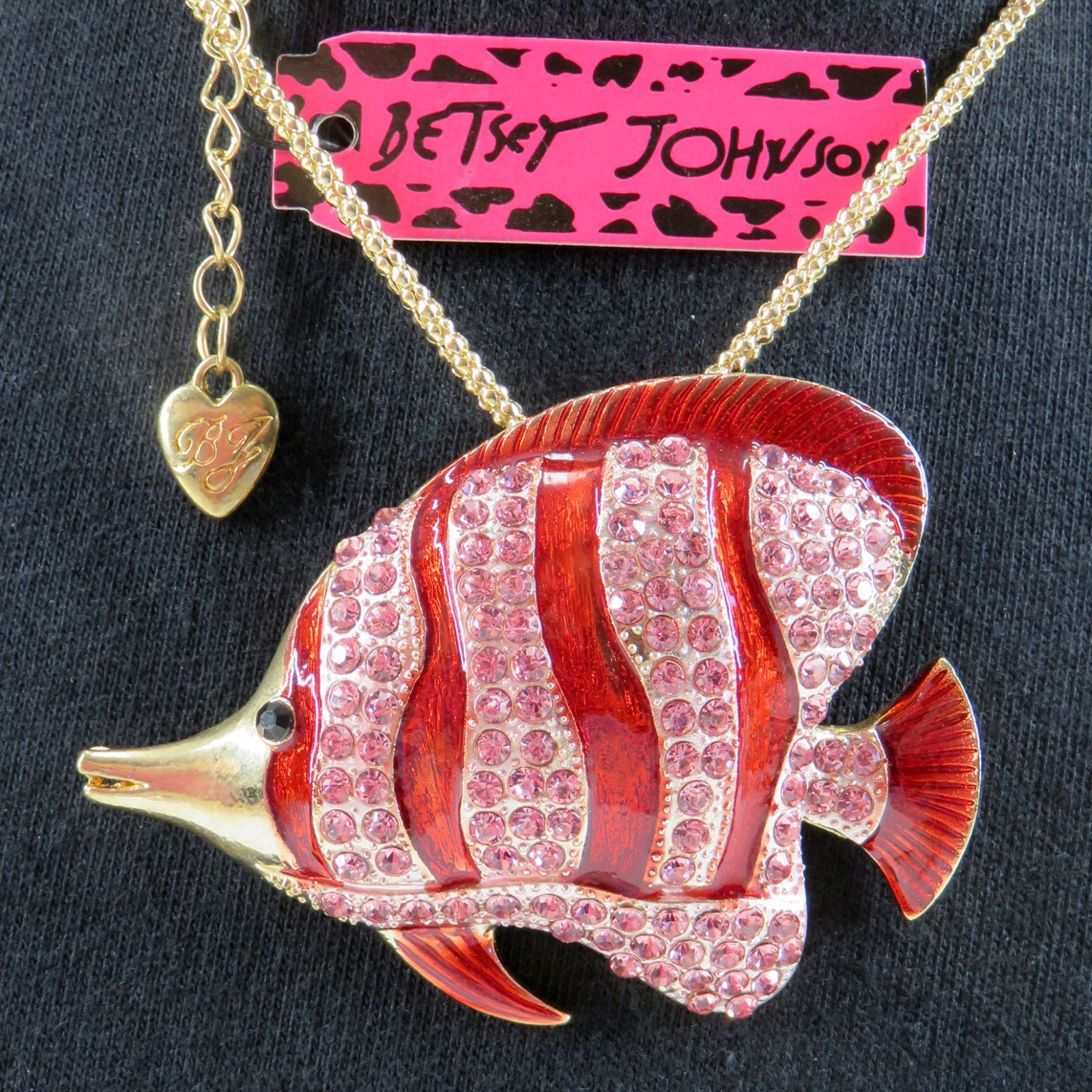 NWT-Betsey Johnson Pink & Red Striped AngelFish Pendant Brooch Goldtone Necklace