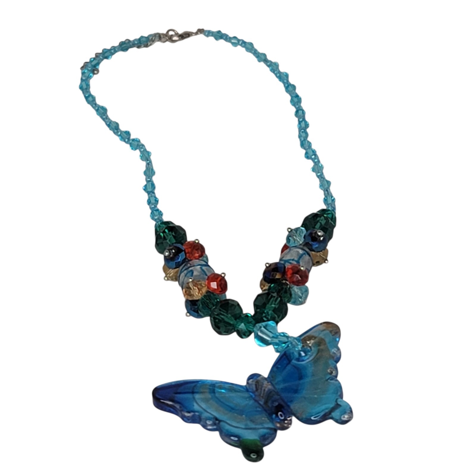 Butterfly Lampwork Necklace Glass Beads Blue Multi Color 18 Inch
