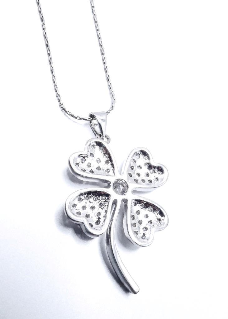 NEW 18kt White Gold Plated Crystals Four Leaf Clover Flower Pendant 16″ Necklace