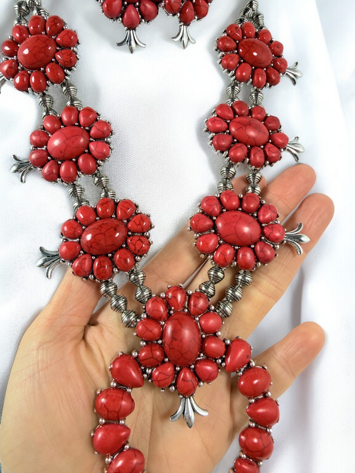 Western Summer Red Faux Turquoise Squash Blossom Statement Necklace & Earrings