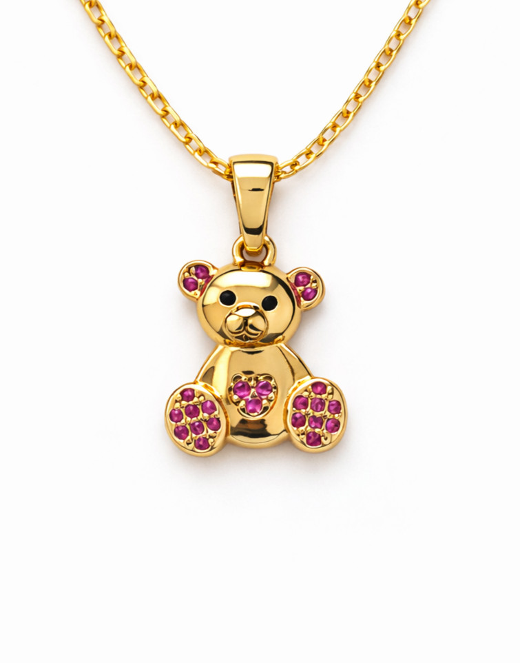 Gold Filled Teddy Bear Pendant Necklace Pink Crystal 18in Cute Women Gift