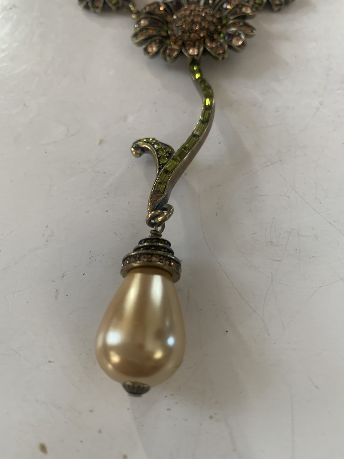 Heidi Daus Necklace Crystal Sunflower Y-Drop Champagne Faux Pearls Excellent