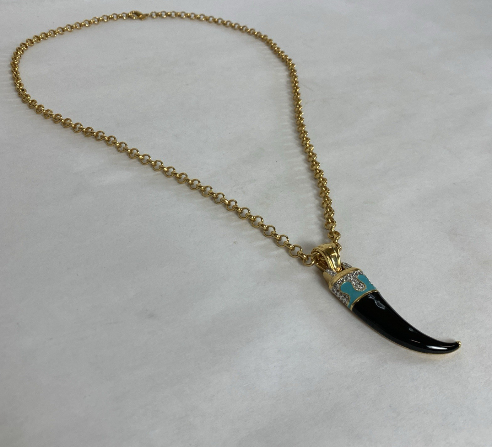 RJM Gold Tone Necklace Black Horn Pendant Blue Accents Unisex Adult