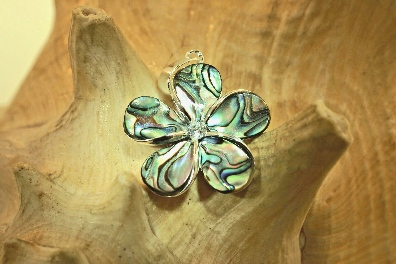 26mm Hawaiian Sterling Silver Paua Abalone Plumeria Frangipani Flower CZ Pendant