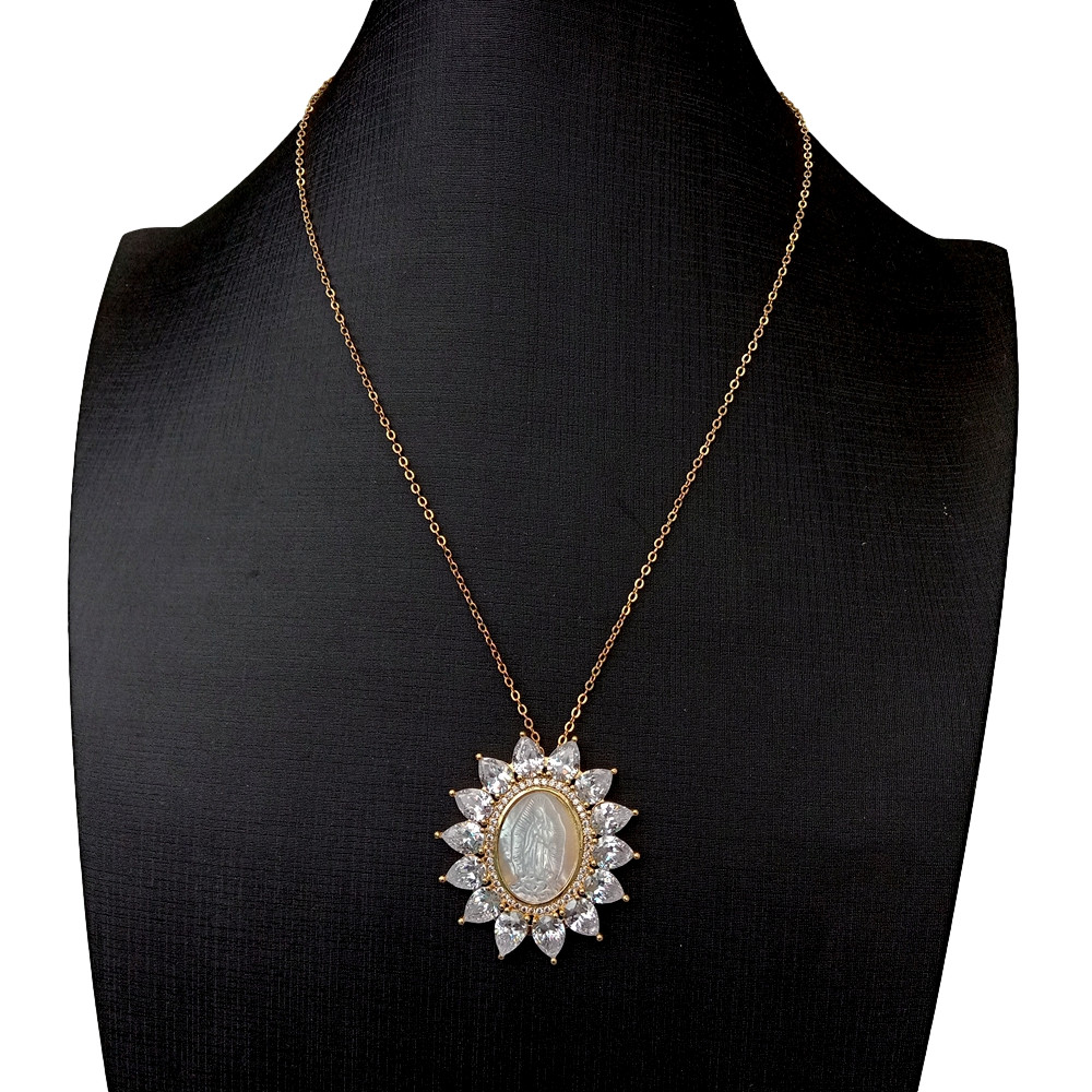 17.5″ White Shell Virgin Mary Clear CZ Micro Pave Oval Shape Pendant Necklace