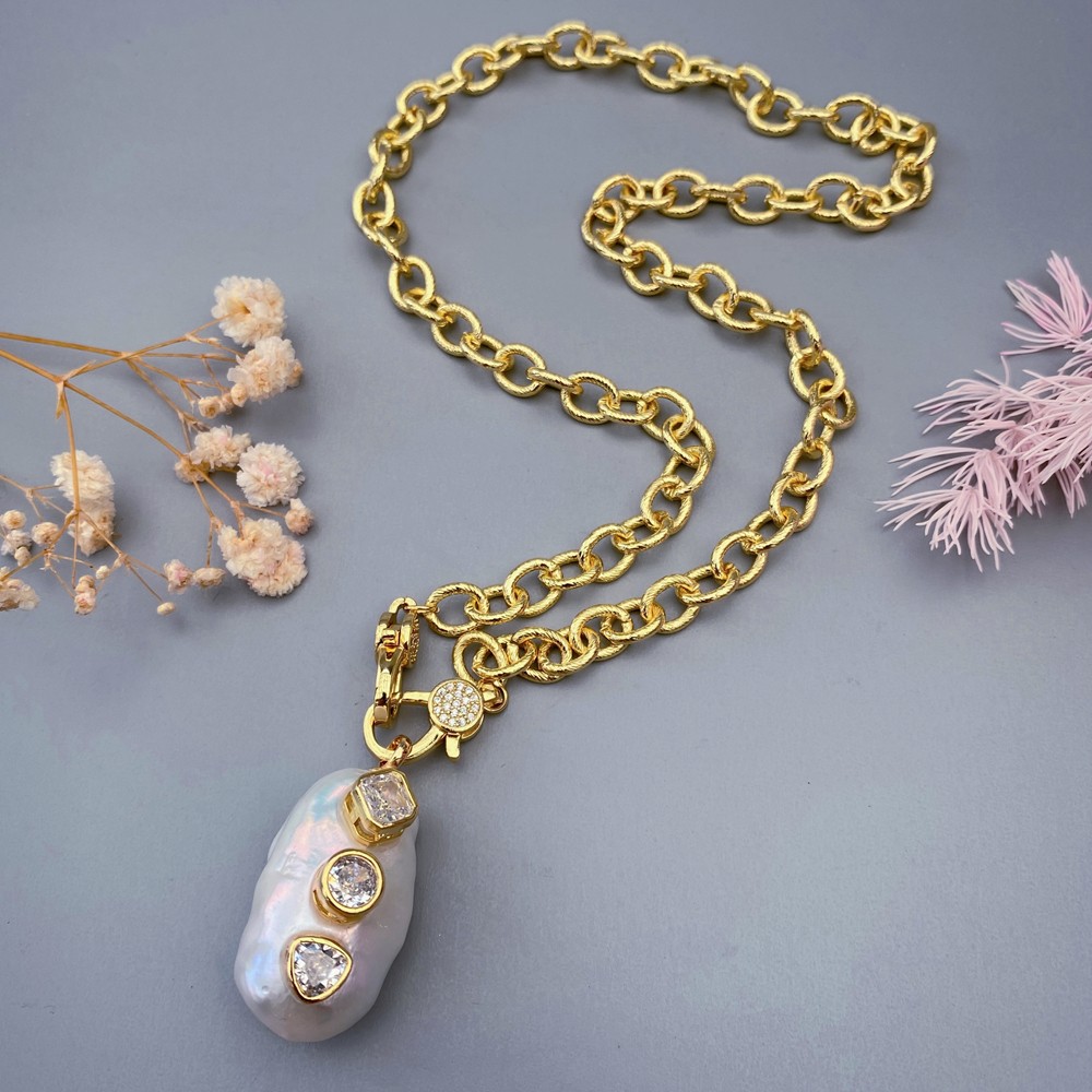 18x32mm natural white reborn keshi pearl pendant gold plated chain necklace